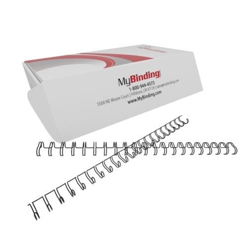 A box containing 3/8" 2:1 Pitch Twin Loop Wire binding spines, with several loose wire spines displayed in front.