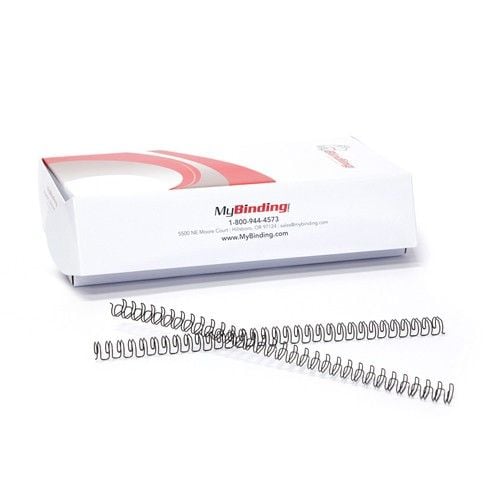 A box of 3/8" 3:1 Pitch Twin Loop Wire binding supplies with two sample wires displayed in front.