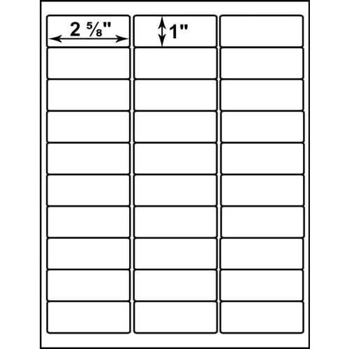 2-5/8" x 1" (30-Up) Peel-&-Stick Printable Labels are arranged in a grid on a standard sheet, featuring blank rectangular labels that allow for easy customization and printing.