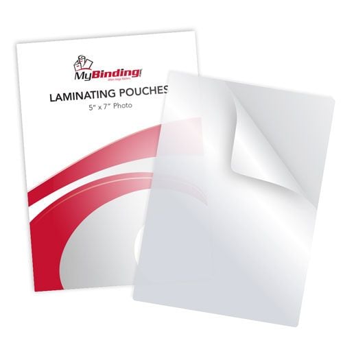 A pack of "3MIL 5" x 7" Photo Card Laminating Pouches" with a transparent laminating sheet shown beside the packaging.