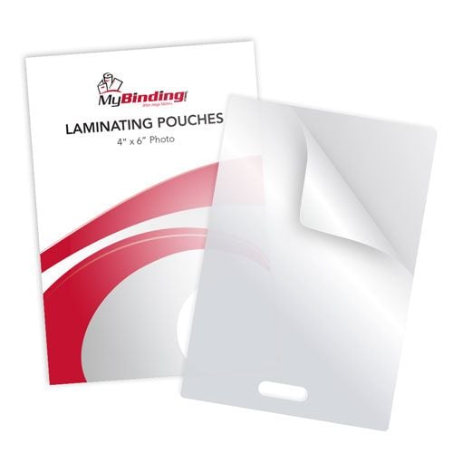 Clear 4" x 6" Photo Card Laminating Pouches with Short Side Slot, shown with packaging and a transparent laminate pouch.