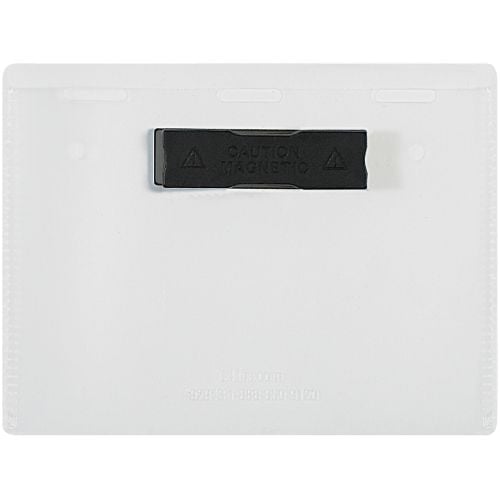 A clear plastic 4" x 3" Magnetic Badge Holder with a black magnetic attachment labeled "Caution Magnetic" positioned at the top center. A clear plastic 4" x 3" Magnetic Badge Holder with a black magnetic attachment labeled "Caution Magnetic" positioned at the top center.