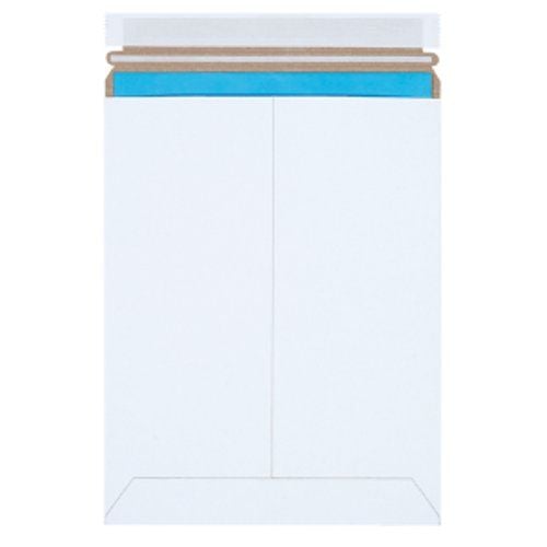 White Self-Seal Stayflats Plus® Mailers with a durable, rigid design and a peel-and-seal adhesive closure, providing secure protection for flat items during shipping.
