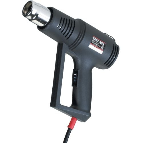 A black Two Temperature Heat Gun with a sleek design, featuring a vented body, a metallic nozzle, and a red power cord.