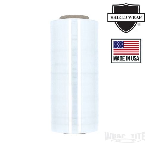 A roll of Wrap-Tite Cast Hand Stretch Wrap Films, featuring a high-clarity, transparent plastic film tightly wound around a cardboard core, designed for securing pallets and protecting goods during storage or transport.