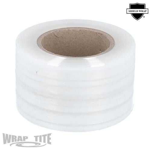 A roll of Wrap-Tite Cast Narrow-Width Banding Stretch Wrap Films, featuring a transparent, high-performance stretch film wound around a sturdy cardboard core, designed for securing and bundling small packages or items.