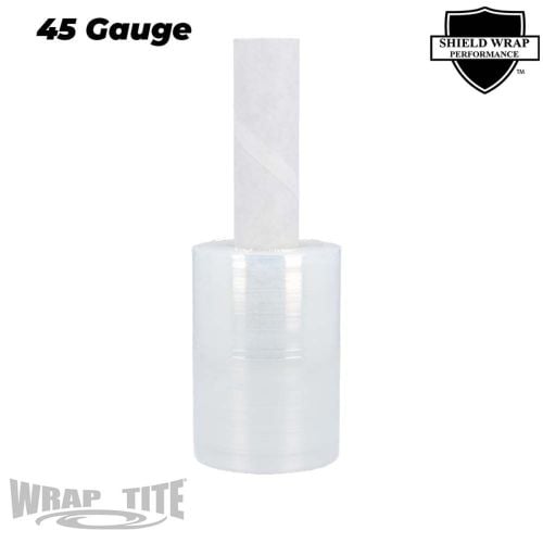 A roll of Wrap-Tite 45 Gauge 5" x 1000' Pipe Handle Stretch Wrap Film (Hi-Performance, Extended Core) with a built-in extended core for easy handling, featuring a clear, high-performance stretch film designed for bundling and securing smaller items effici