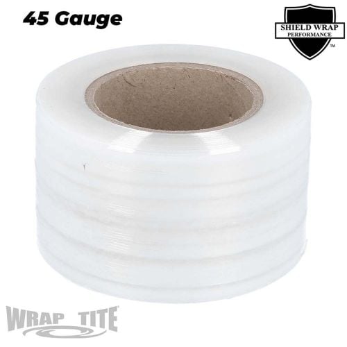 A roll of Wrap-Tite Cast Narrow-Width Banding Stretch Wrap Films (Stiff, Hi-Performance) in a 45-gauge thickness, designed for securing and bundling small packages with a durable and transparent plastic film.