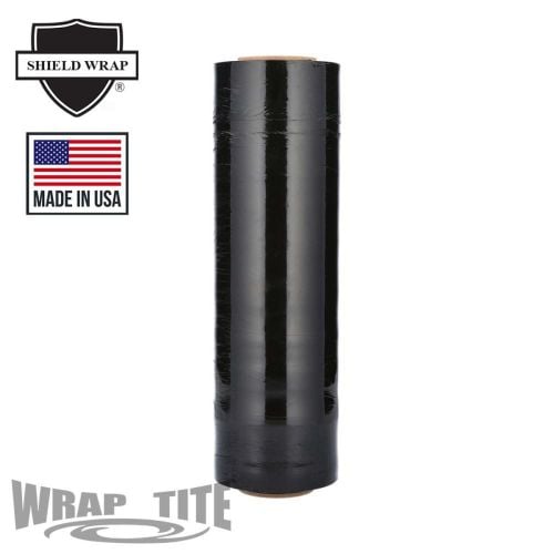 A roll of Wrap-Tite 80 Gauge Cast Hand Stretch Wrap Film (Tinted Color) in deep black, designed for securely wrapping pallets and shipments, featuring a "Made in USA" label and "Shield Wrap" branding on the packaging.