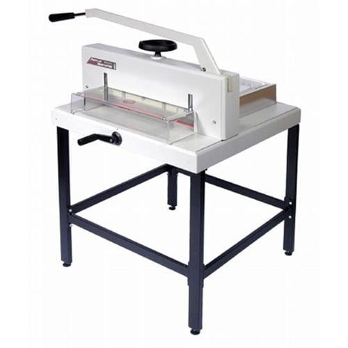 A Martin Yale 18" Manual Ream Cutter, featuring a sturdy metal frame, cutting handle, and a clear safety guard for precise paper cutting.