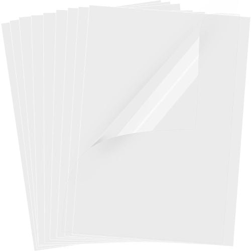 Stack of 8.5" x 11" 5mil Clear No Stripe Transparency Film sheets with one sheet slightly peeled back, showcasing its smooth and glossy surface.