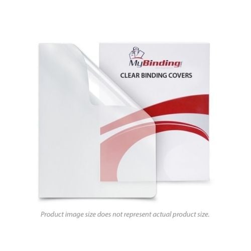 8.75" x 11.25" Clear Covers - 100pk (Oversize) with a transparent sheet partially folded over packaging featuring a red design and 'MyBinding' branding.