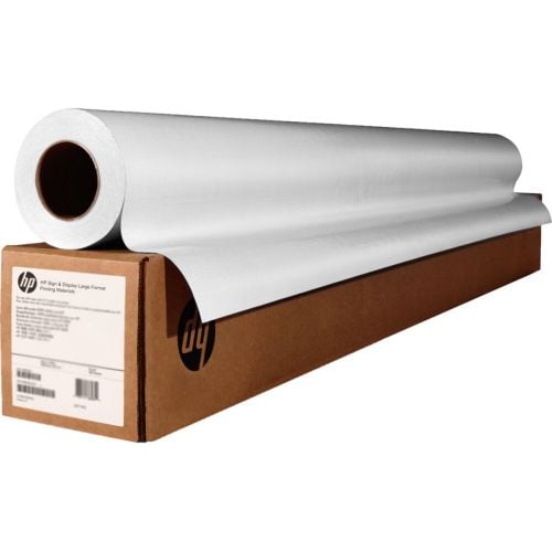 HP 36" x 150' 3" Core Durable Foldable Banner on a roll, displayed with its packaging, showcasing large format printing material ideal for banners and signage.