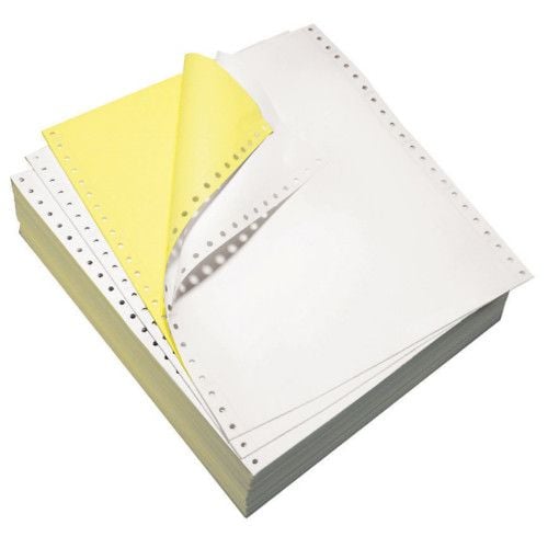9 1/2" x 5 1/2" 15lb Blank White/Canary Carbonless Continuous Computer Paper - 6400/Case (2 Ply) Image 1