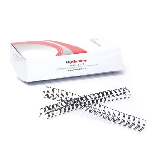 A box containing 9/16" 2:1 Pitch Twin Loop Wire coils used for binding documents.