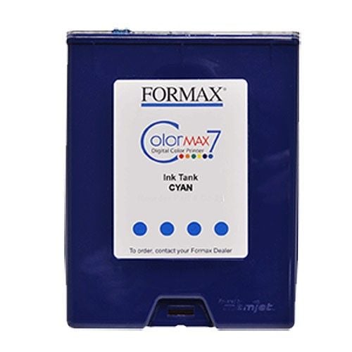 Formax ColorMax Memjet ink tank in cyan featuring a sturdy blue casing with a clear label indicating the color and order instructions, designed for use in digital color printing applications.