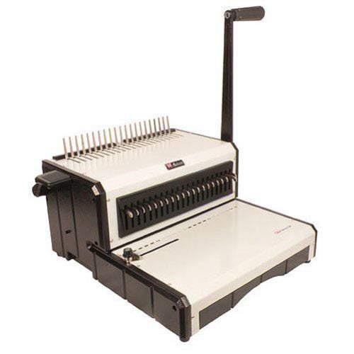 The Akiles AlphaBind-CM Manual Plastic Comb Binding Machine, featuring a sturdy metal design with a side handle for manual operation, used for binding documents with plastic combs.