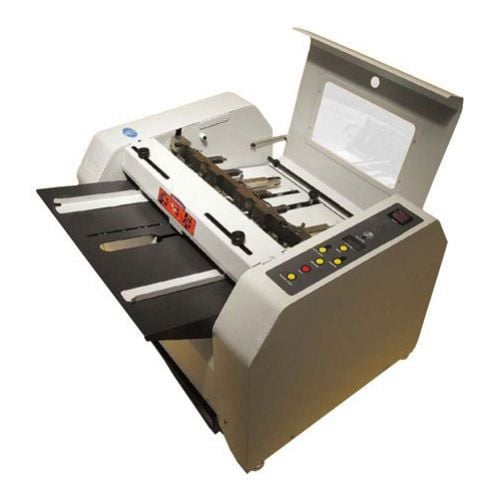 Akiles BookletMac Semi-Automatic Booklet Maker with open lid, showcasing its user-friendly design and paper alignment features.