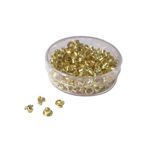 Akiles Brass Plated Eyelets shown in a clear plastic container with a few individual eyelets displayed in front.