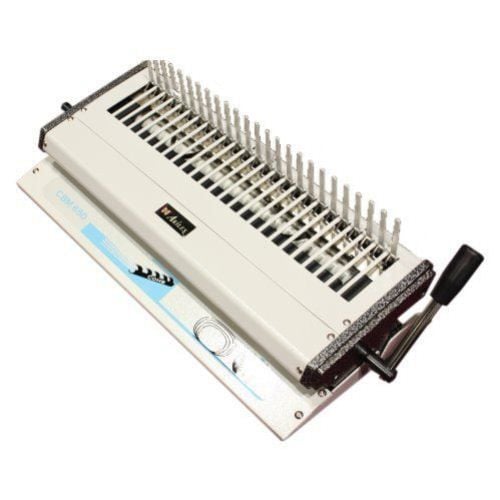 Akiles CBM650 Modular Plastic Comb Opener, a durable and efficient comb binding machine with a sturdy metal construction and an easy-to-use lever for opening plastic combs, designed for professional document binding.