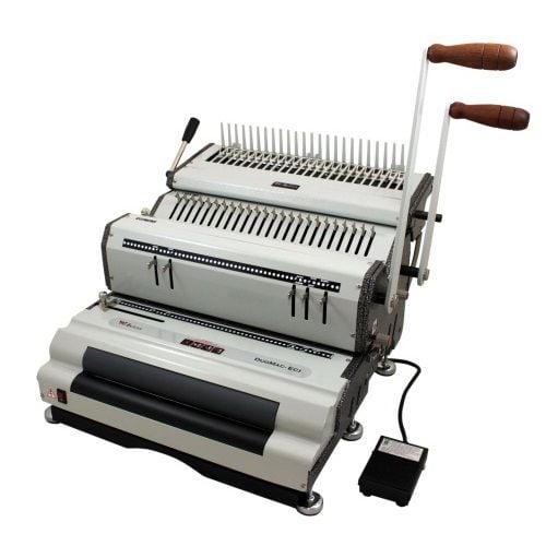 The Akiles DuoMac C41ECI 4:1 Coil Binding Machine featuring dual handles and a foot pedal for efficient coil binding operations.