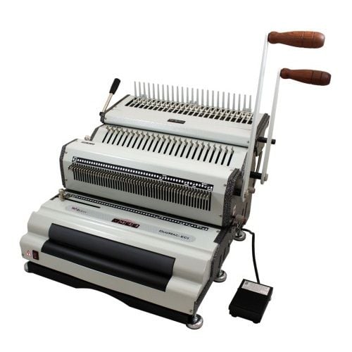 The Akiles DuoMac C41ECI+ Plastic Comb and 4:1 Coil Binding Machine, featuring a sturdy metal design with manual and electric binding capabilities.