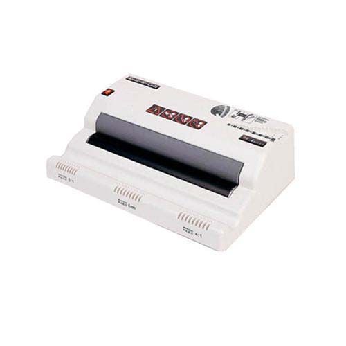 An Akiles Roll @ Coil Heavy Duty Electric Coil Inserter, a white, compact machine designed for efficiently inserting coils into documents.