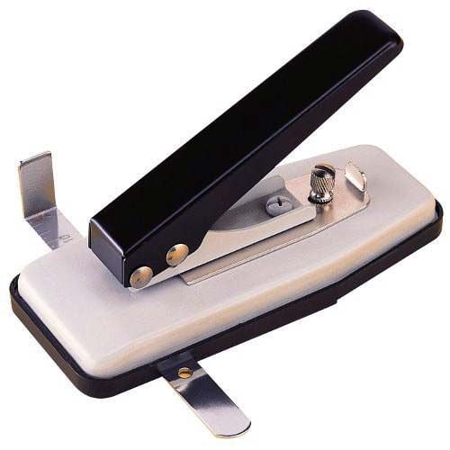 A close-up view of an Akiles Slot Punch With Guide, featuring a black, ergonomic handle and a metallic punch mechanism with an adjustable guide on a white base.