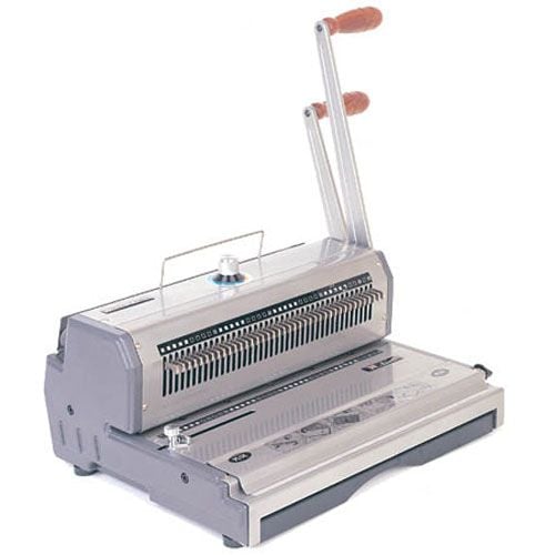 The Akiles WireMac 3:1 Manual Double Loop Wire Binding Machine, featuring a durable metal design with two lever handles for punching and binding, designed for professional wire binding tasks.