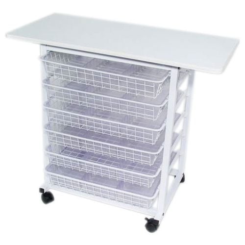 A mobile Binding System Workstation with five transparent storage drawers and a flat, extendable work surface on top.
