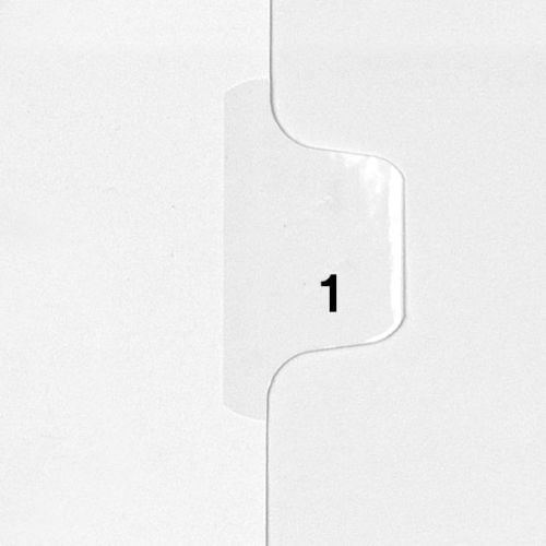 Close-up of a white 131 - Avery Style Single Number Letter Size Side Tab Legal Index labeled with the number '1' on the tab.