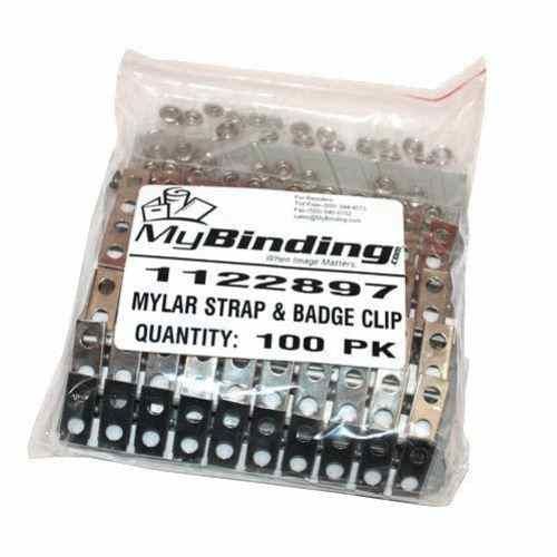 A clear plastic bag containing multiple Badge Clip and Mylar Strap sets, with the clips stacked neatly and labeled with product information and quantity details.