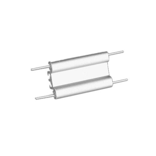 A silver cylindrical Banner Trak Connector with two rods extending from either end, designed to connect and hold components in place.
