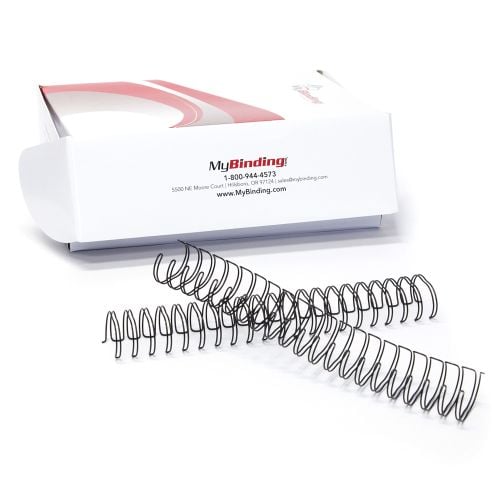 A box of 1-1/8" 2:1 Pitch Twin Loop Wire binding supplies with black wires displayed in front.