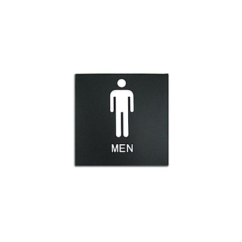 Black 8" x 8" Men Restroom ADA Sign with a white stick figure icon and bold text for accessibility compliance.
