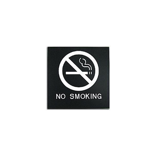 Black 8" x 8" No Smoking ADA Sign with a white smoking prohibition symbol and bold text on a dark background.