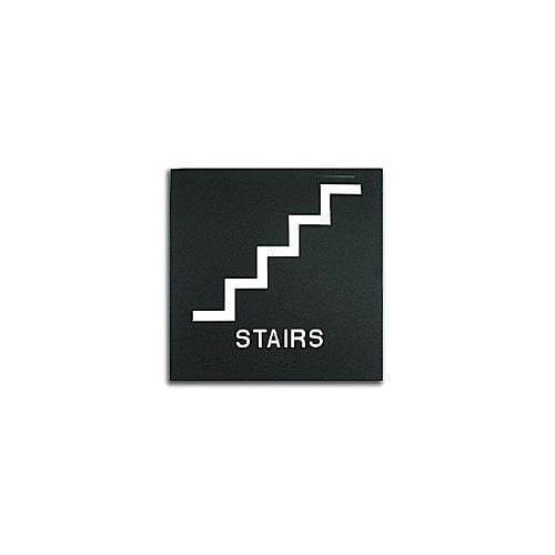 Black 8" x 8" Stairs ADA Sign with a simple white stair graphic and bold text indicating stair access.