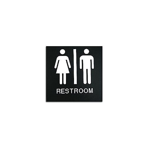 Black 8" x 8" Unisex Restroom ADA Sign featuring white male and female symbols with the word 'Restroom' below, designed for accessibility compliance.