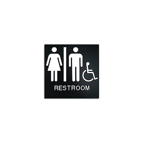 Black 8" x 8" Unisex Restroom Handicap Accessible ADA Sign featuring male, female, and wheelchair symbols on a black background.