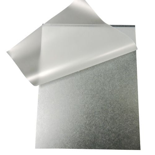 Black Heavy Duty 1/4" Thick Gloss Pouch Laminating Boards with a glossy protective sheet partially peeled back, showing the sturdy surface underneath.