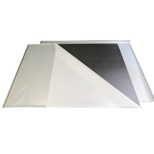 Black Heavy Duty 1/4" Thick Matte Pouch Laminating Boards with a partially peeled white protective layer revealing the black surface beneath.