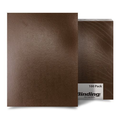 Brown Sedona 17pt Premium Leatherette Covers, showcasing their textured leather-like finish, with a pack of 100 covers partially visible in the background.
