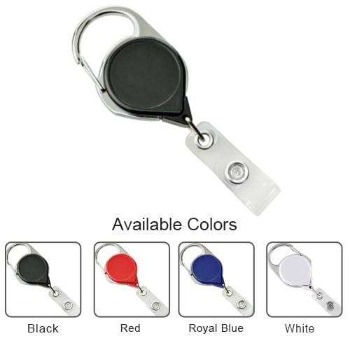 A Carabiner Badge Reel with Strap and NPS Belt Clip displayed in four color options: black, red, royal blue, and white, featuring a retractable strap and sturdy metal clip for secure attachment. A Carabiner Badge Reel with Strap and NPS Belt Clip displayed in four color options: black, red, royal blue, and white, featuring a retractable strap and sturdy metal clip for secure attachment.