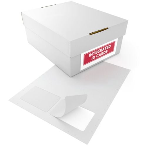 A box labeled "Integrated ID Cards" alongside a sheet of Peel-Out Style 2up Printable Integrated Synthetic ID Cards with one card partially peeled off, showing its adhesive backing.