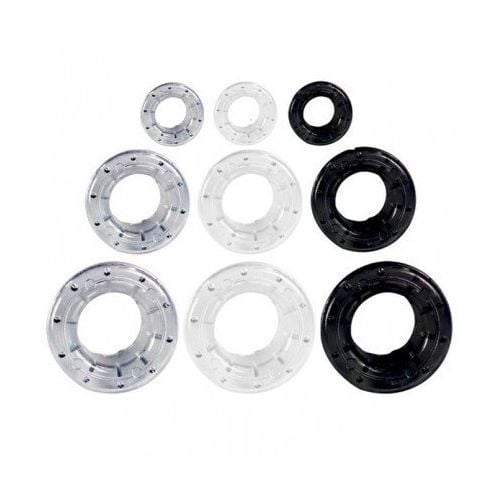 An assortment of black and white circular grommets in various sizes, labeled as White Plastic Grommets - 500 Sets."