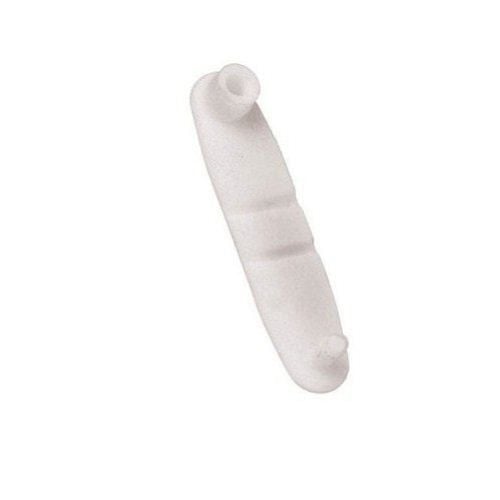 A small, white, clear plastic key tag tab connector with two protruding ends, designed for attaching to keychains or tags.