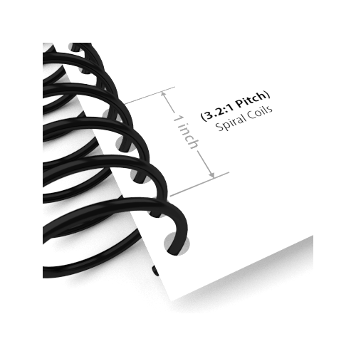 Close-up view of a 3.2:1 Pitch Spiral Binding Coil on a bound document, highlighting the precise spacing of coil loops.
