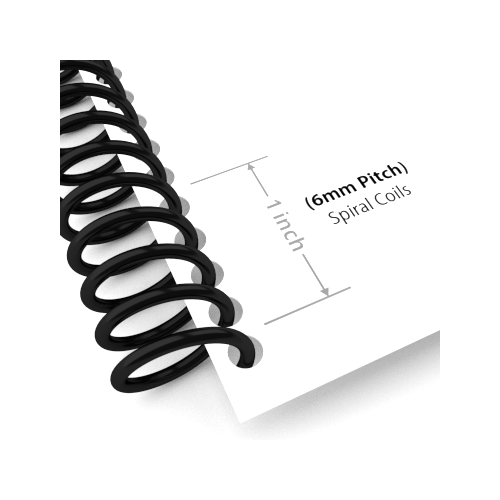 Close-up of a document bound with a 6mm Pitch Spiral Binding Coil, showing the 1-inch spacing between coils. Close-up of a document bound with a 6mm Pitch Spiral Binding Coil, showing the 1-inch spacing between coils.