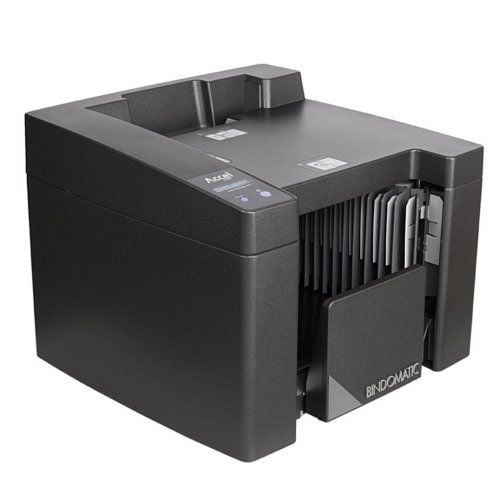 The Coverbind Accel Cube Automatic Thermal Binding Machine, showing its compact design with paper sheets being fed into the binding area.