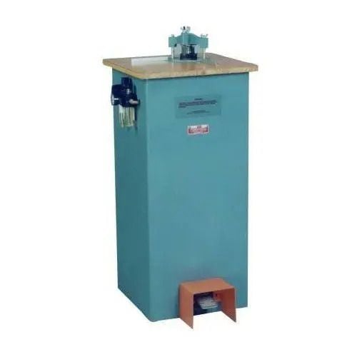 A blue Lassco Wizer Cornerounder CR-50XP Pneumatic Corner Cutter with a wooden top and a foot pedal, designed for efficiently rounding corners on paper stacks.